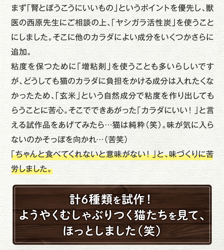 計6種類を試作!ようやくむしゃぶりつく猫たちを見て、ほっとしました(笑)