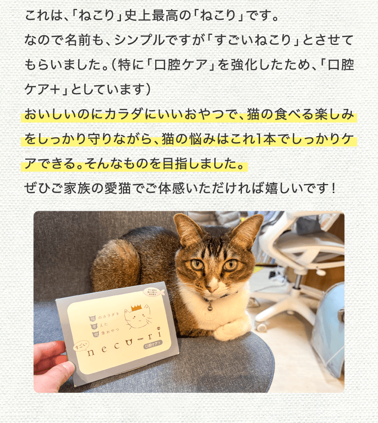 これは、「ねこり」史上最高の「ねこり」です。なので名前も、シンプルですが「すごいねこり」とさせてもらいました。（特に「口腔ケア」を強化したため、「口腔ケア＋」としています）おいしいのにカラダにいいおやつで、猫の食べる楽しみをしっかり守りながら、猫の悩みはこれ1本でしっかりケアできる。そんなものを目指しました。ぜひご家族の愛猫でご体感いただければ嬉しいです！