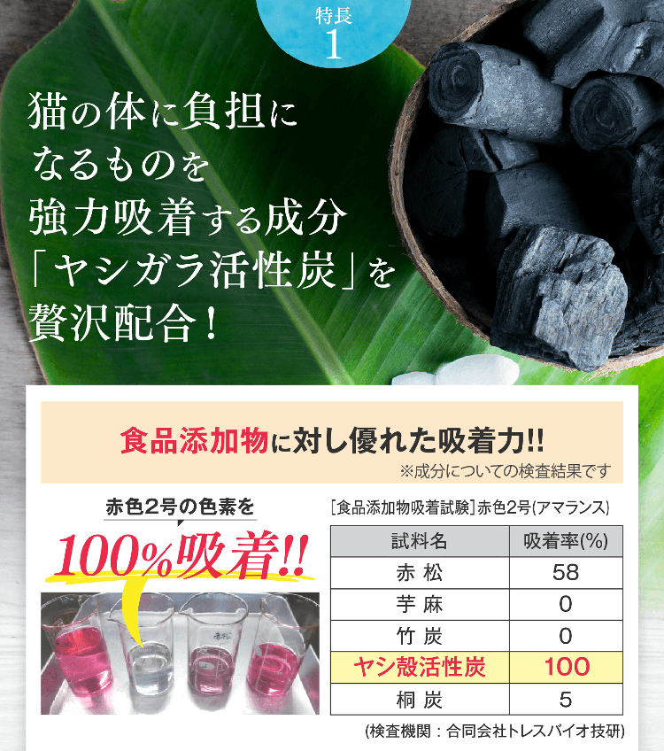 特長1 猫の体に負担になるものを強力吸着する成分「ヤシガラ活性炭」を贅沢配合！食品添加物に対し優れた吸着力!!