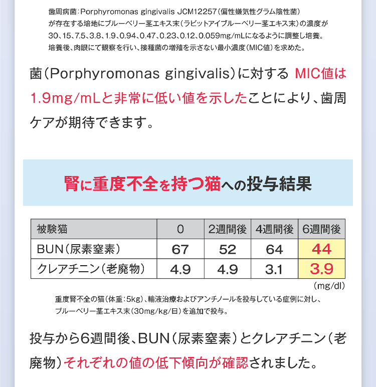 菌（Porphyromonas gingivalis）に対する MIC値は1.9mg/mLと非常に低い値を示したことにより、歯周ケアが期待できます。腎に重度不全を持つ猫への投与結果 投与から6週間後、BUN（尿素窒素）とクレアチニン（老廃物）それぞれの値の低下傾向が確認されました。