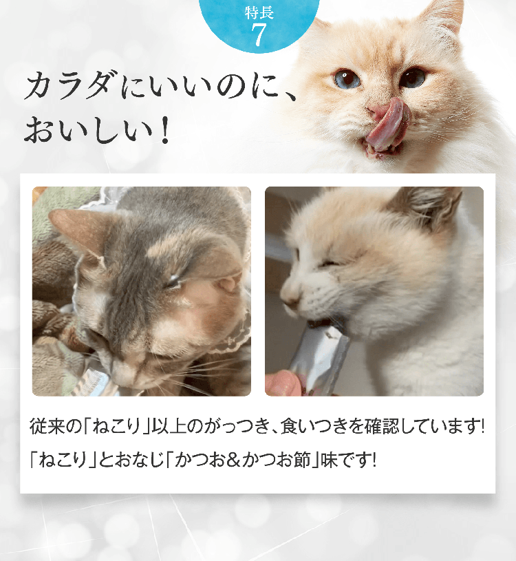 特長7 カラダにいいのに、おいしい！従来の「ねこり」以上のがっつき、食いつきを確認しています!「ねこり」とおなじ「かつお＆かつお節」味です!
