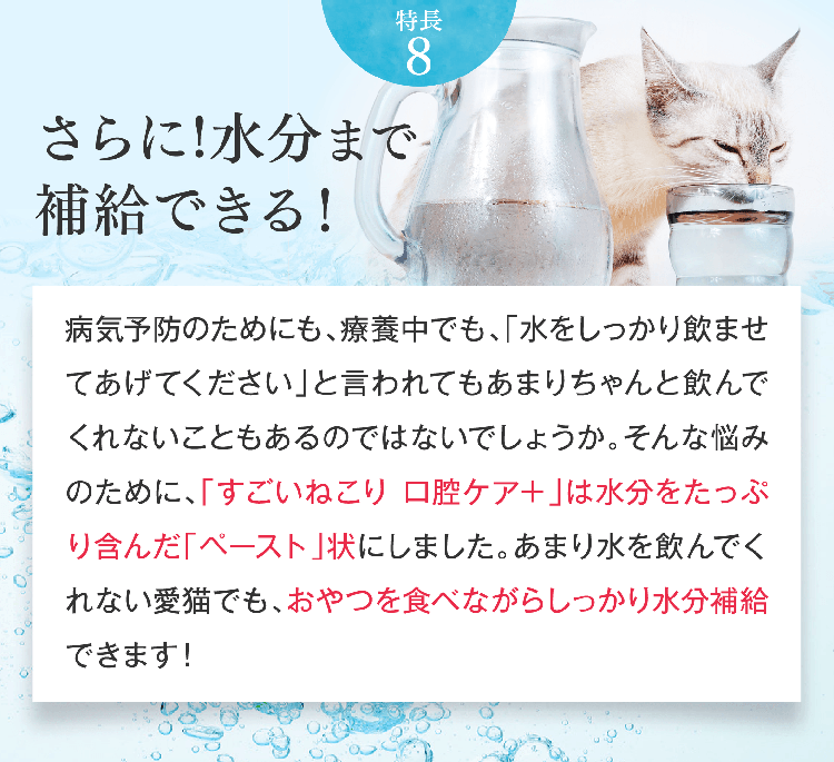 特長8 さらに!水分まで補給できる！病気予防のためにも、療養中でも、「水をしっかり飲ませてあげてください」と言われてもあまりちゃんと飲んでくれないこともあるのではないでしょうか。そんな悩みのために、「すごいねこり 口腔ケア＋」は水分をたっぷり含んだ「ペースト」状にしました。あまり水を飲んでくれない愛猫でも、おやつを食べながらしっかり水分補給できます！