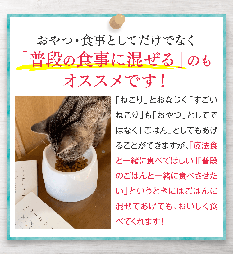 おやつ・食事としてだけでなく「普段の食事に混ぜる」のも
オススメです！「ねこり」とおなじく「すごいねこり」も「おやつ」としてではなく「ごはん」としてもあげることができますが、「療法食と一緒に食べてほしい」「普段のごはんと一緒に食べさせたい」というときにはごはんに混ぜてあげても、おいしく食べてくれます！