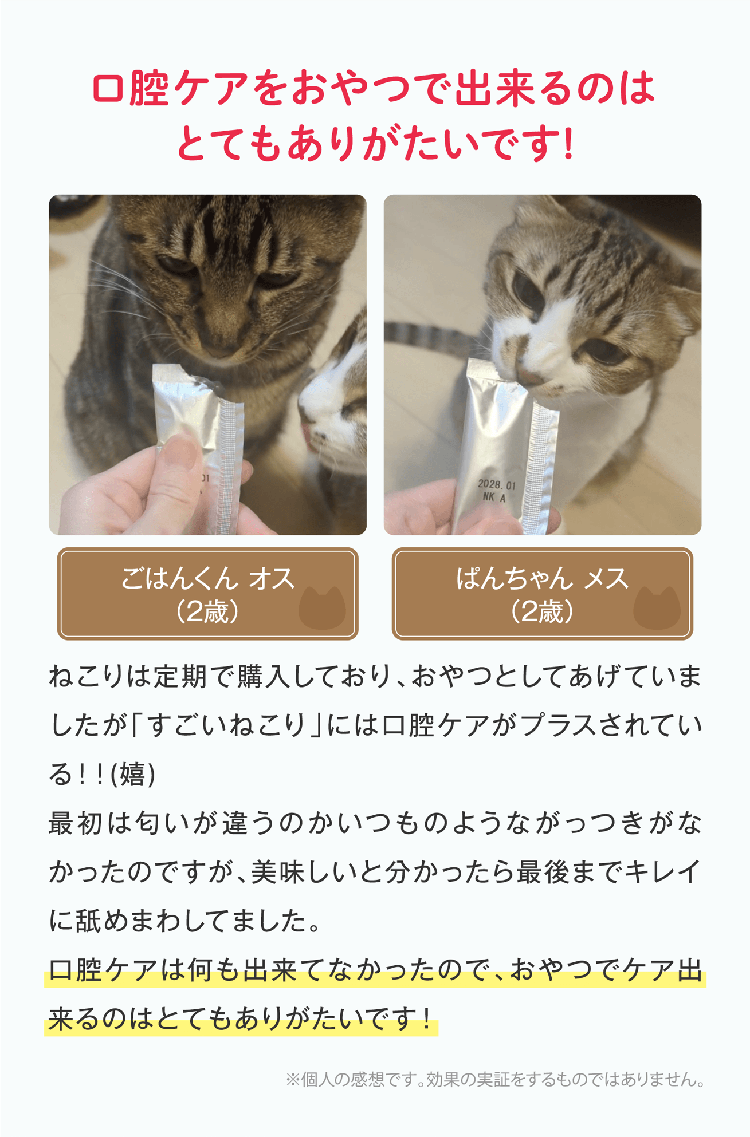 口腔ケアをおやつで出来るのはとてもありがたいです!ねこりは定期で購入しており、おやつとしてあげていましたが「すごいねこり」には口腔ケアがプラスされている！！(嬉)最初は匂いが違うのかいつものようながっつきがなかったのですが、美味しいと分かったら最後までキレイに舐めまわしてました。口腔ケアは何も出来てなかったので、おやつでケア出来るのはとてもありがたいです！